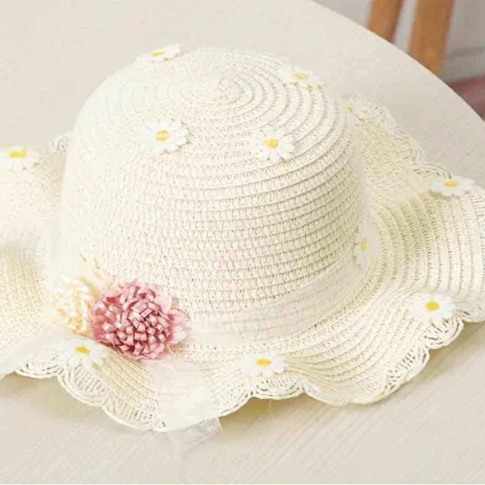 Cream Floral Kids Sun Hat with purse